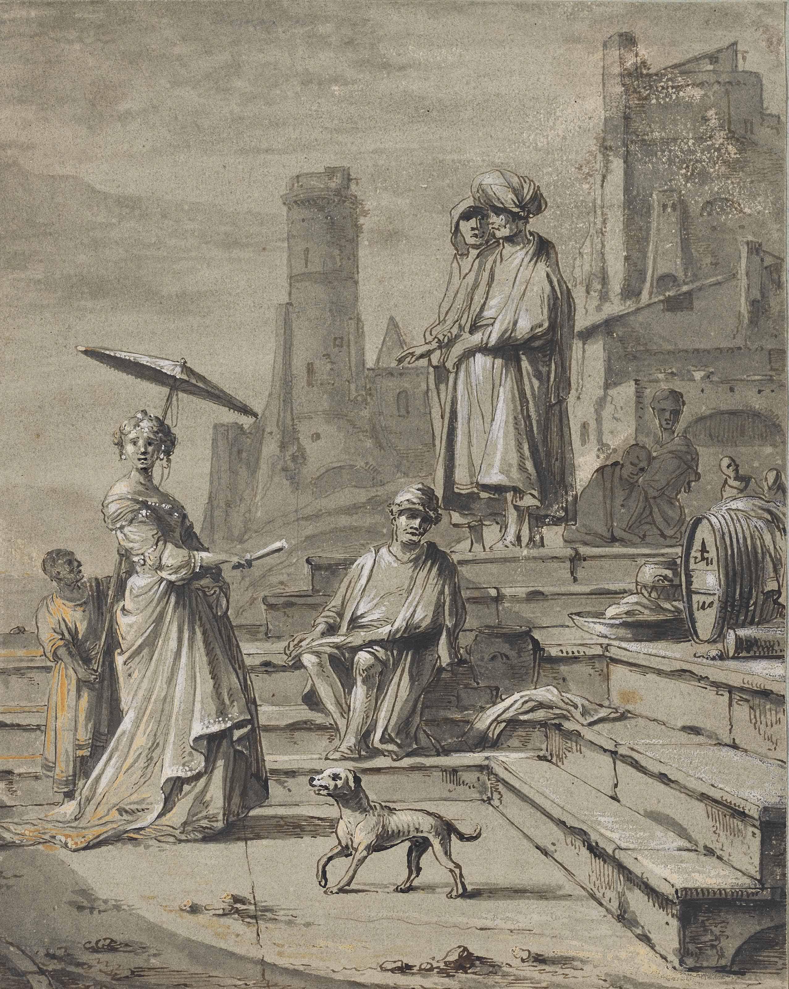 Johannes Lingelbach - View of a port with oriental figures and an elegant lady with her page shading her with a parasol