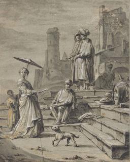Johannes Lingelbach - View of a port with oriental figures and an elegant lady with her page shading her with a parasol