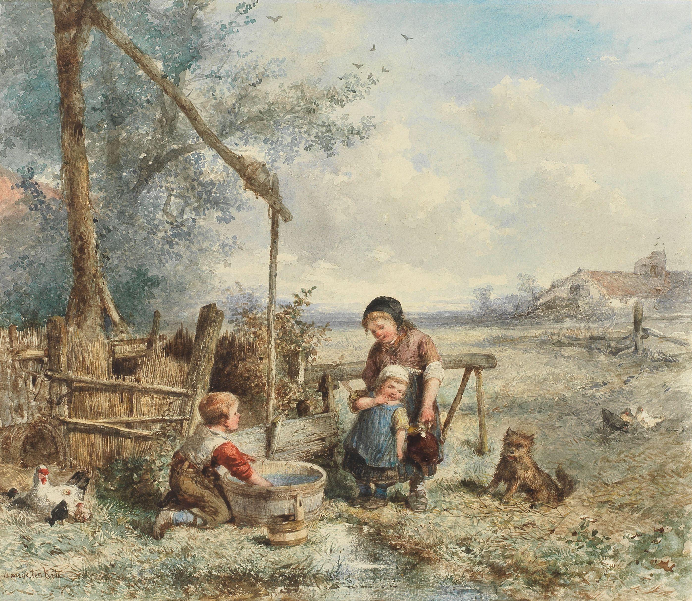 Johannes Marius ten Kate - Outside chores; An accident on the ice the first 39.4 x 34.9cm (15 1/2 x 13 3/4in); the second 32.1 x 42.8cm (12 5/8 x 16 7/8in). (2)