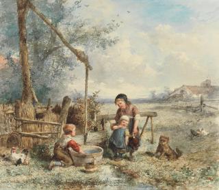 Johannes Marius ten Kate - Outside chores; An accident on the ice the first 39.4 x 34.9cm (15 1/2 x 13 3/4in); the second 32.1 x 42.8cm (12 5/8 x 16 7/8in). (2)