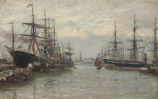 Johannes Martin Grimelund - A bustling Scandinavian harbour, with the steamer Regina at the dockside