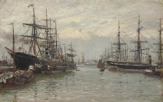 Johannes Martin Grimelund - A bustling Scandinavian harbour, with the steamer Regina at the dockside