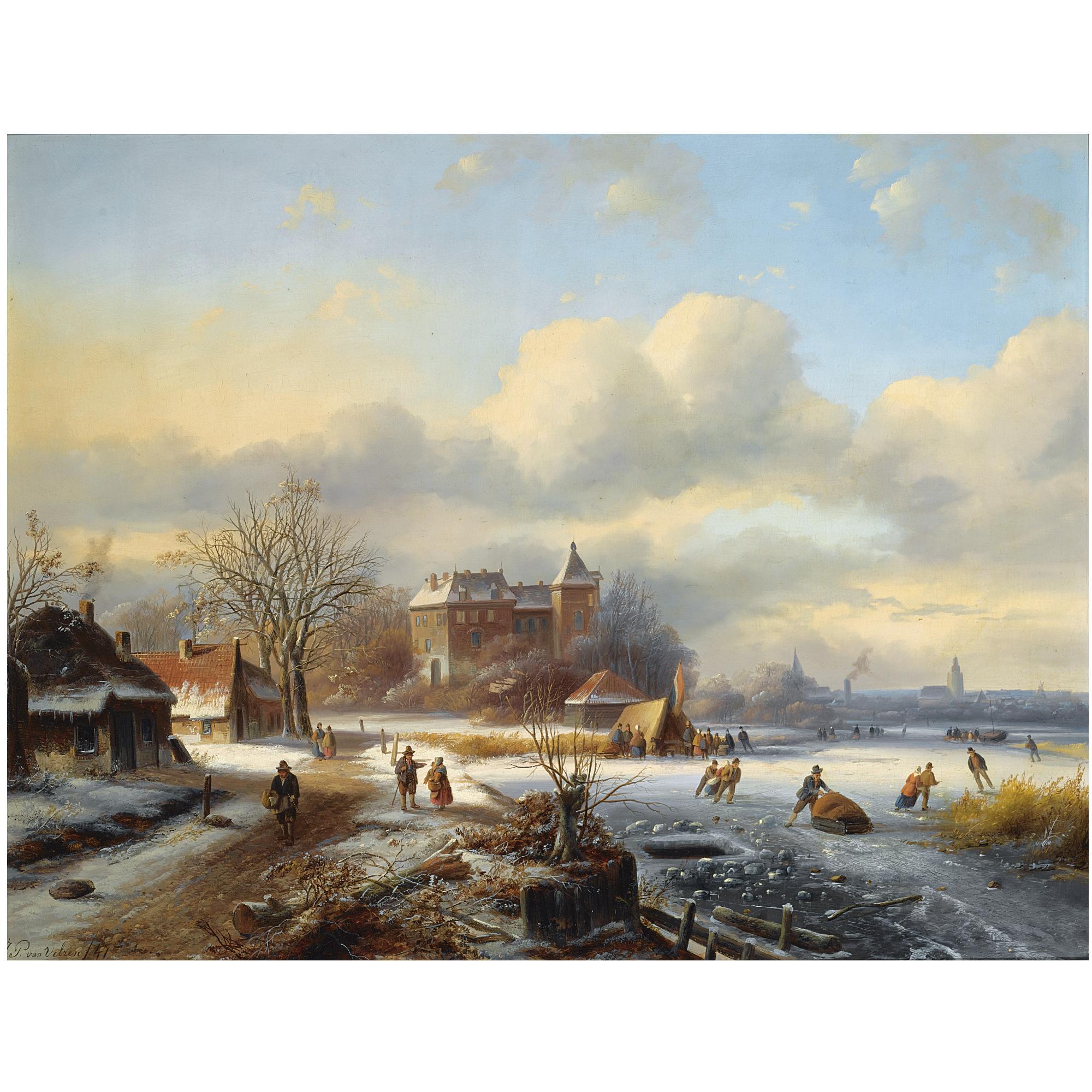 Johannes Petrus Van Velzen - Dutch A Winter Landscape With Skaters On The Ice, A Town In The Distance