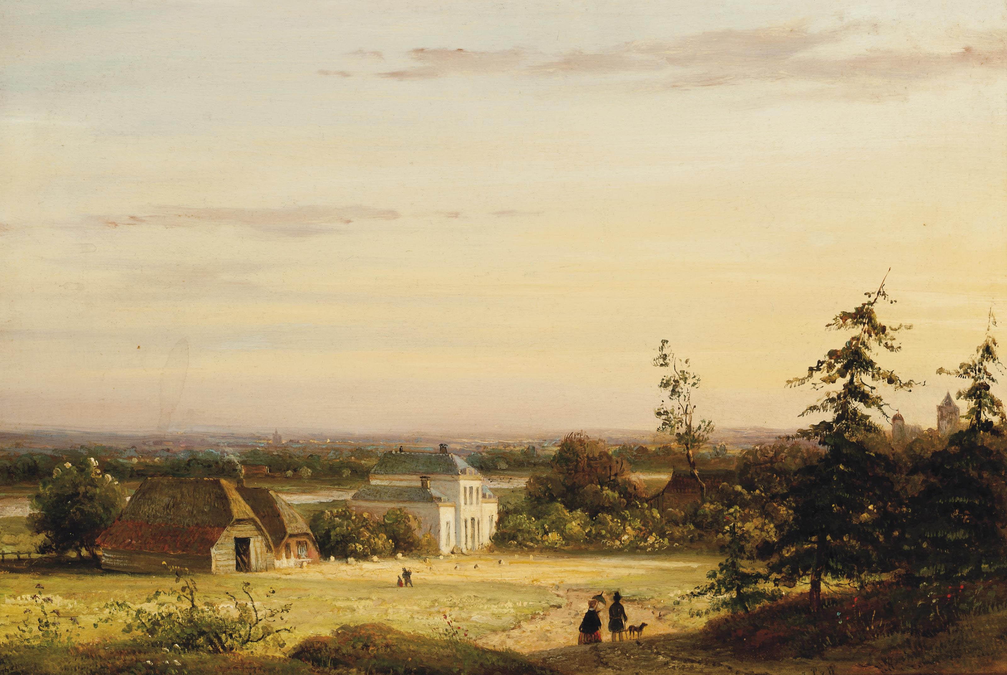 Johannes Pieter van Wisselingh - Figures taking a stroll by a hunting lodge