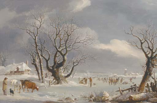 Johannes Pieter van Wisselingh - Skaters in a Dutch winter landscape