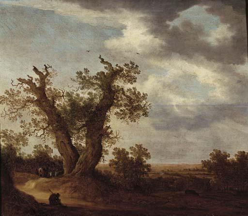 Johannes Pietersz. Schoeff - An extensive wooded landscape with a herdsman resting with his cattle by a path