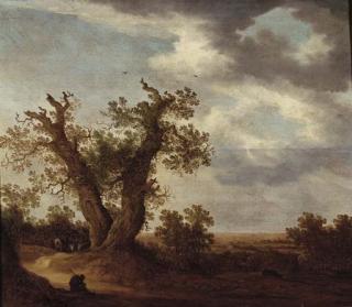 Johannes Pietersz. Schoeff - An extensive wooded landscape with a herdsman resting with his cattle by a path