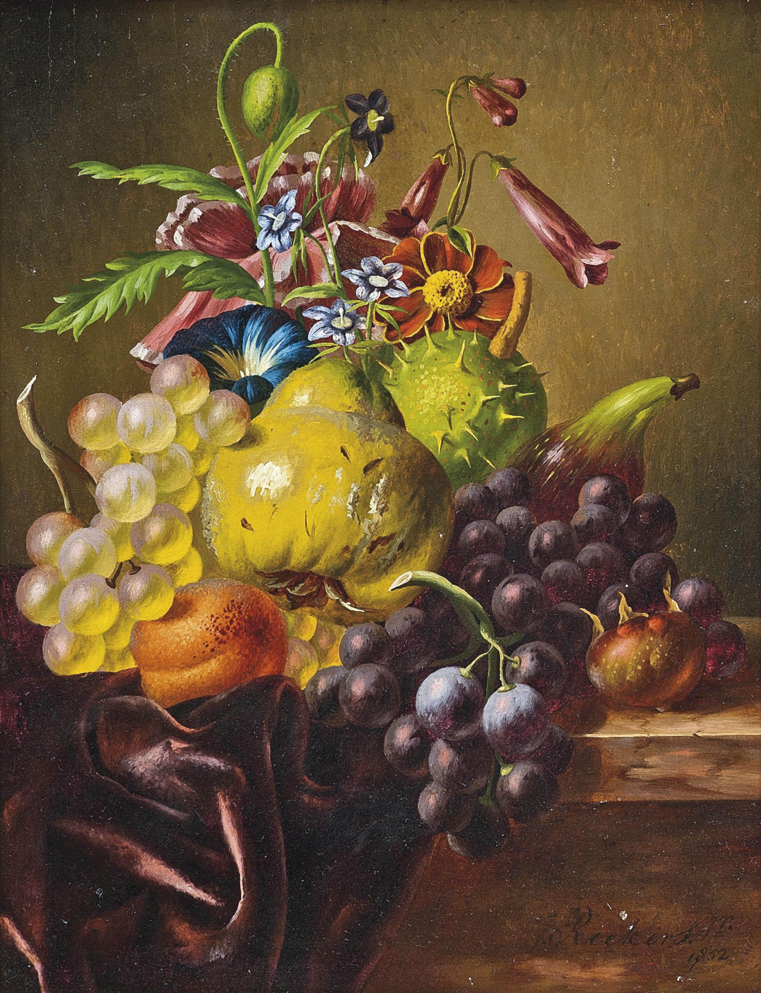 Johannes Reekers II - A pear, grapes, a fig, an apricot, a horse-chestnut and summer flowers on a draped ledge