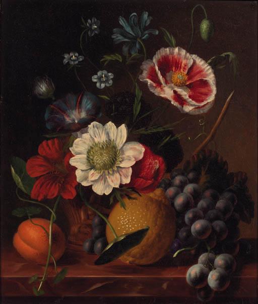 Johannes Reekers Jun. - A still life with flowers and fruit on a ledge