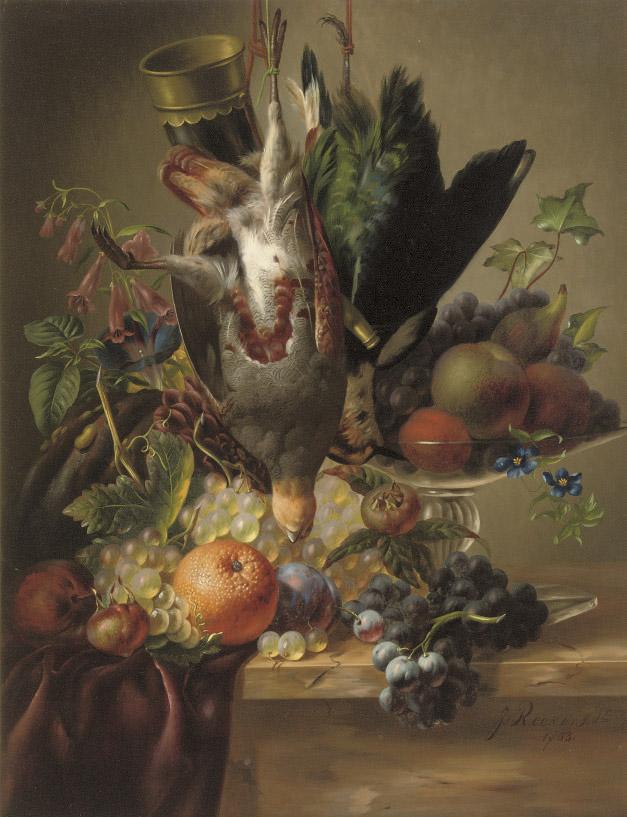 Johannes Reekers Junior - A partridge, a plover, fruit and flowers