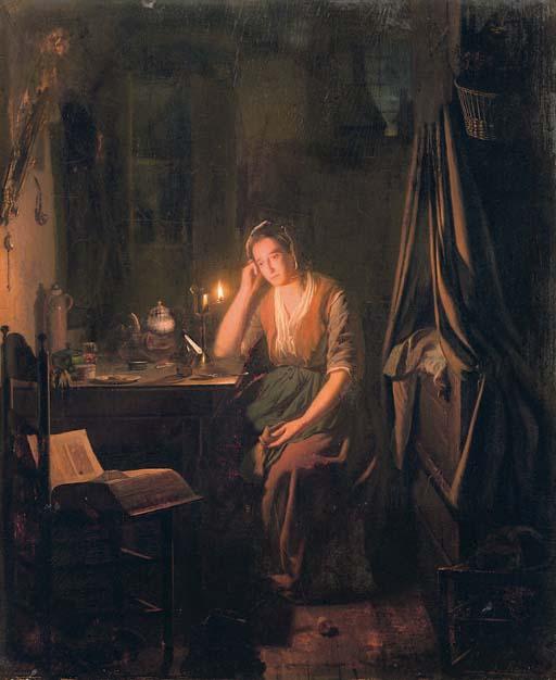 Johannes Rosierse - A seated lady by candlelight