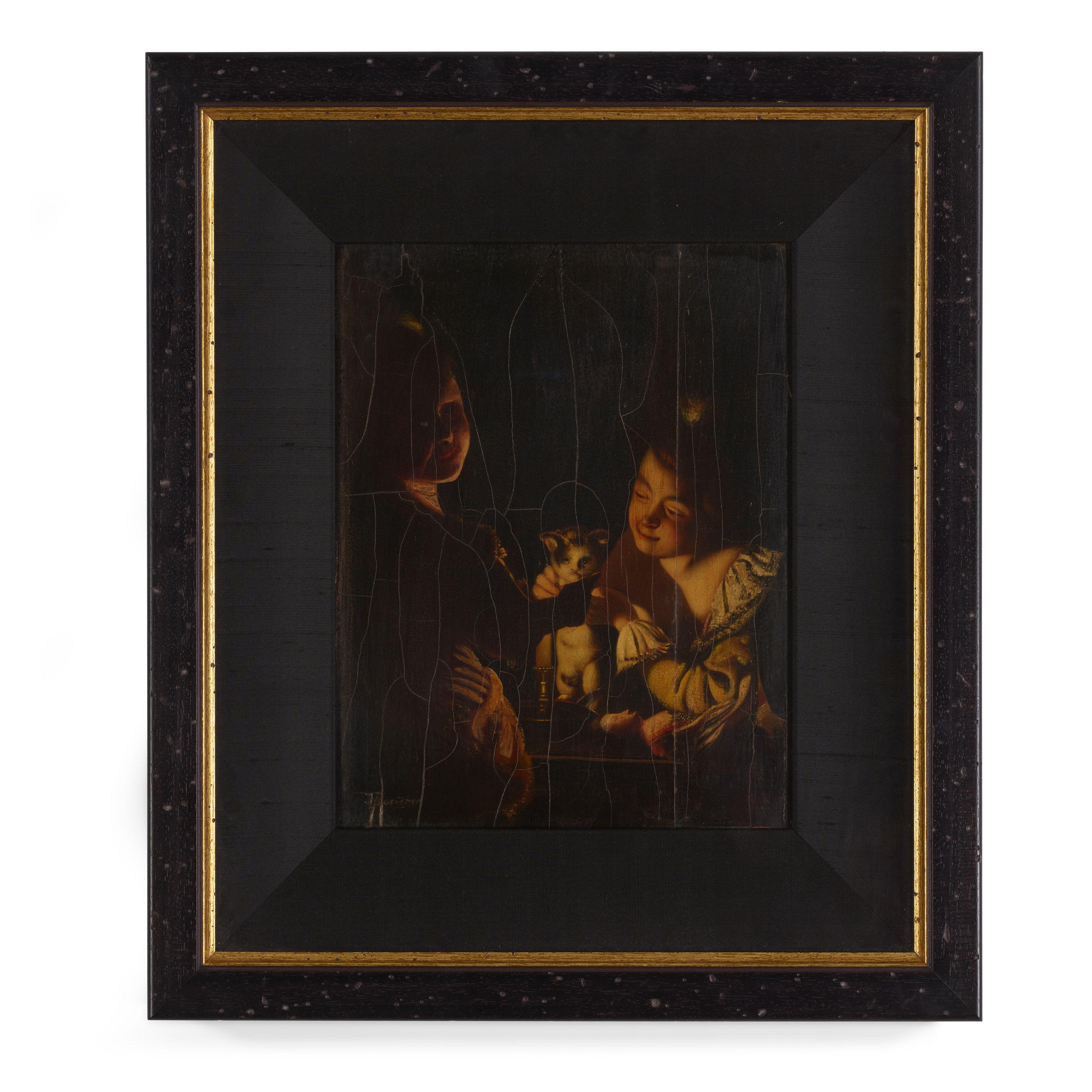 Johannes Rosierse - Girls and kitten by candlelight 11 x 8 1/2in (sight)