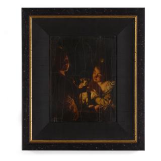 Johannes Rosierse - Girls and kitten by candlelight 11 x 8 1/2in (sight)