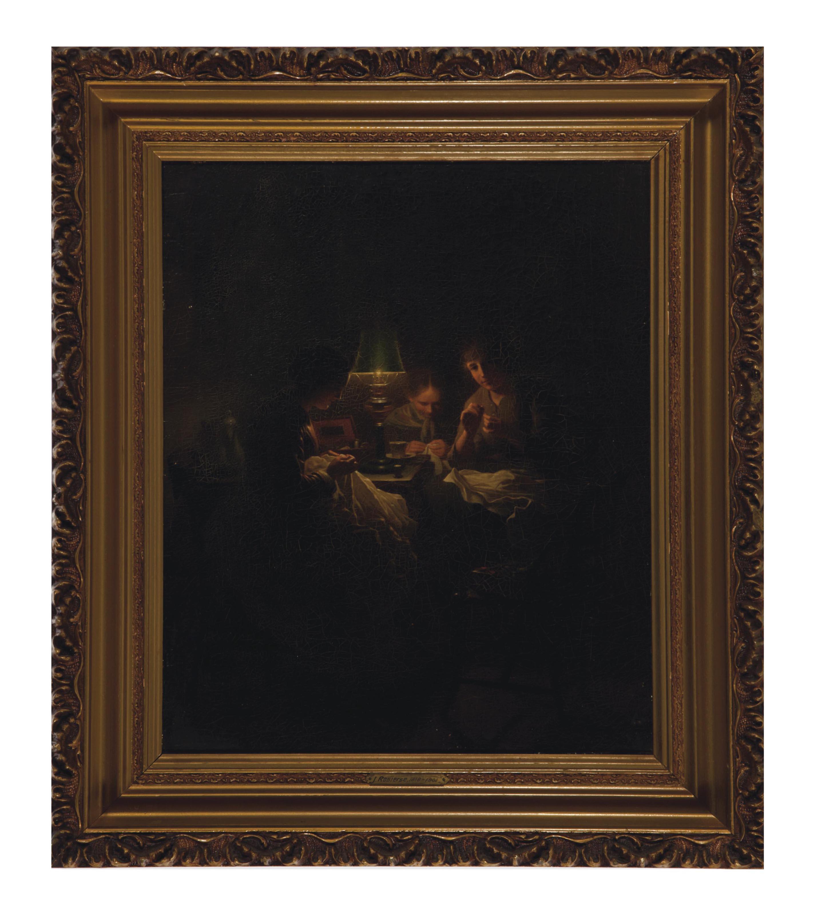 Johannes Rosierse - Ladies doing needlework by lamplight