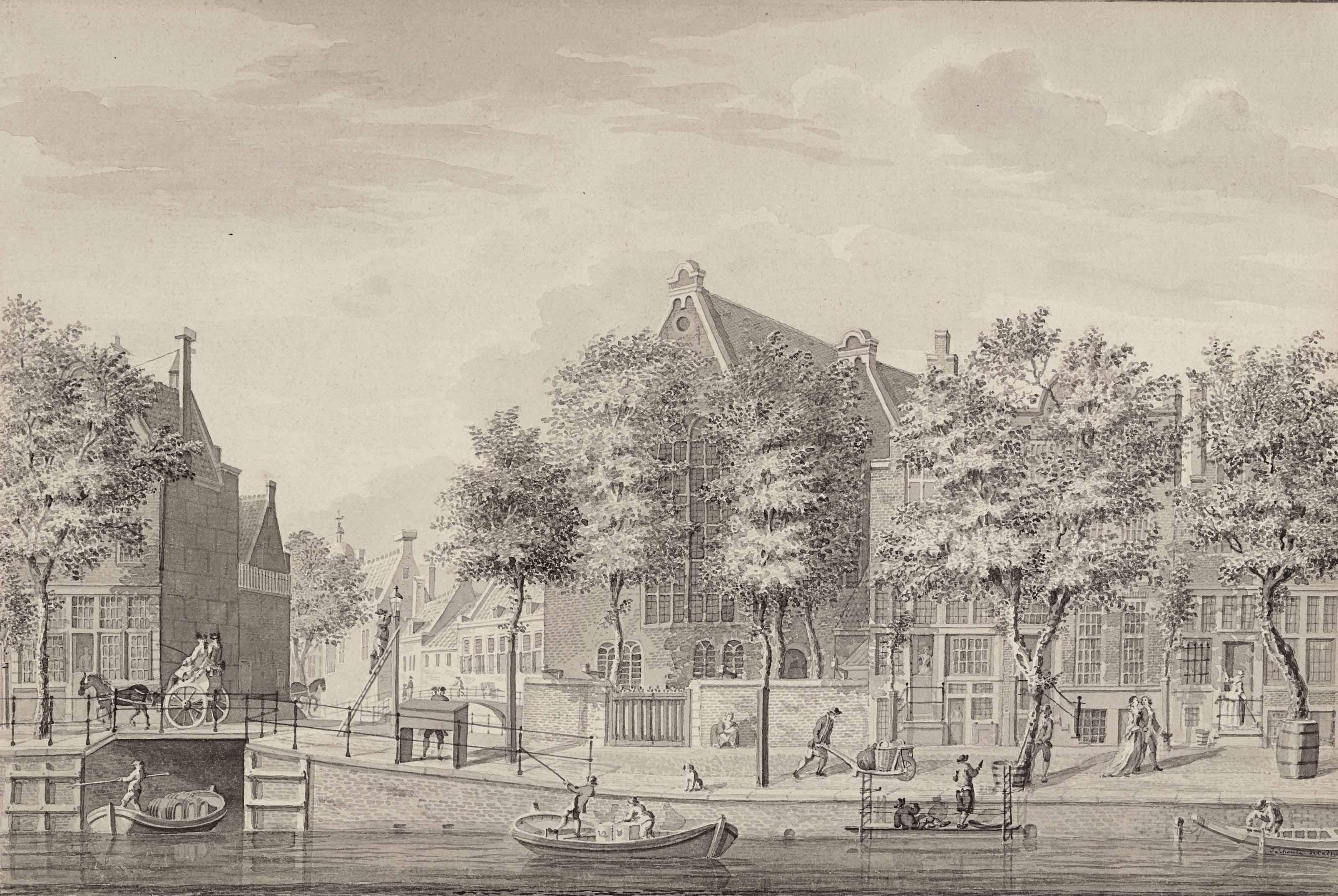 Johannes Schouten - A view of the Singel with the Oude Lutherse Kerk,Amsterdam, the Spui beyond