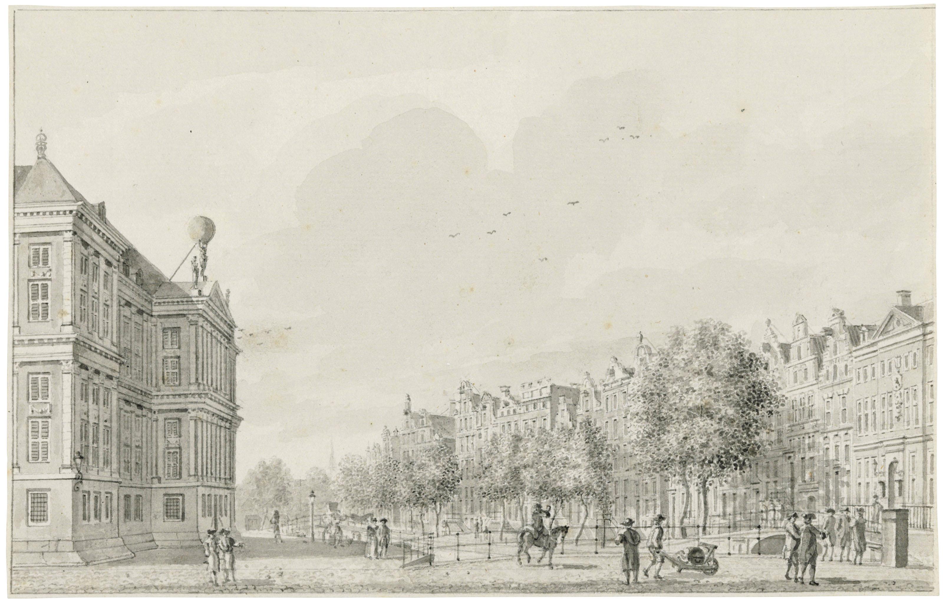 Johannes Schouten - Figures on the Nieuwezijds Voorburgwal, Amsterdam, the Koninlijk Paleis to the left, the old post office to the right