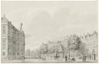 Johannes Schouten - Figures on the Nieuwezijds Voorburgwal, Amsterdam, the Koninlijk Paleis to the left, the old post office to the right