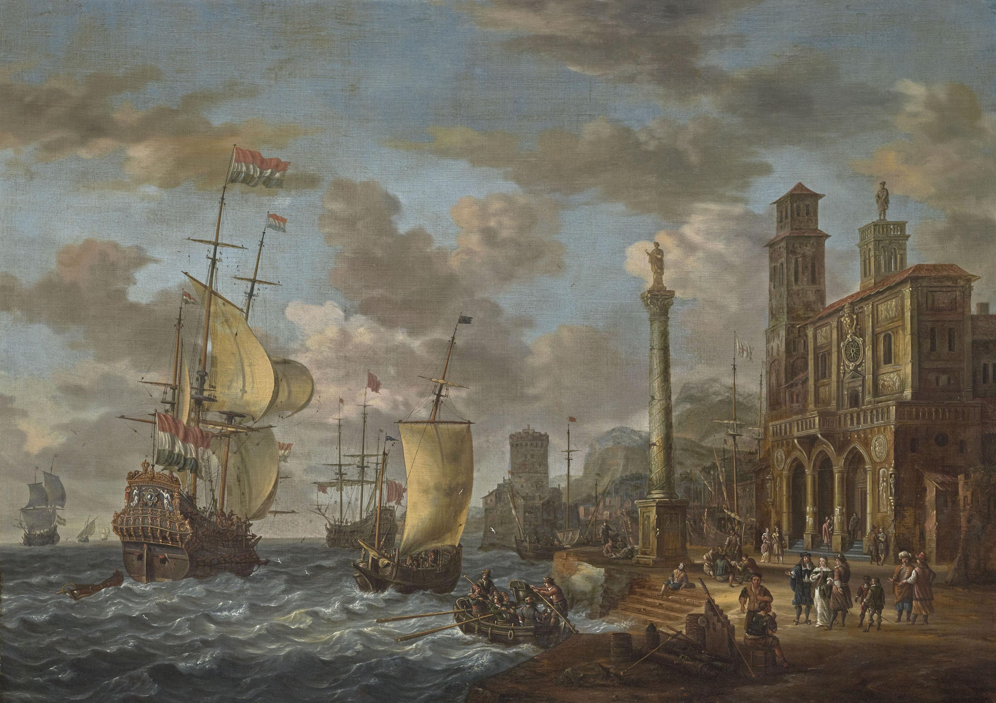 Johannes Sturck Ou Sturckenburgh - Vue imaginaire d\'un port avec caprice d\'architectures romaines