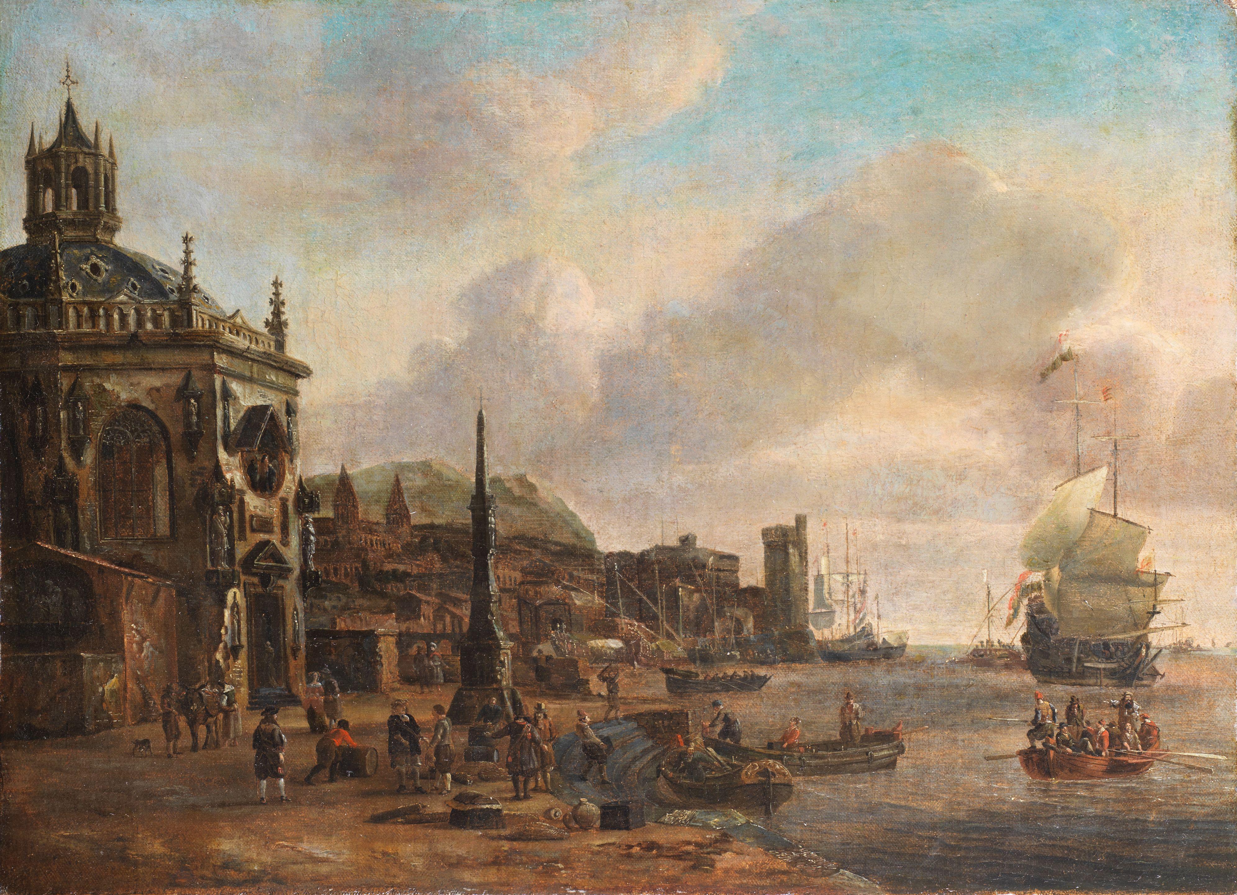 Johannes Sturckenburgh - A Harbour With Figures Loading Barges In The Foreground,