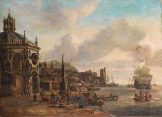 Johannes Sturckenburgh - A Harbour With Figures Loading Barges In The Foreground,