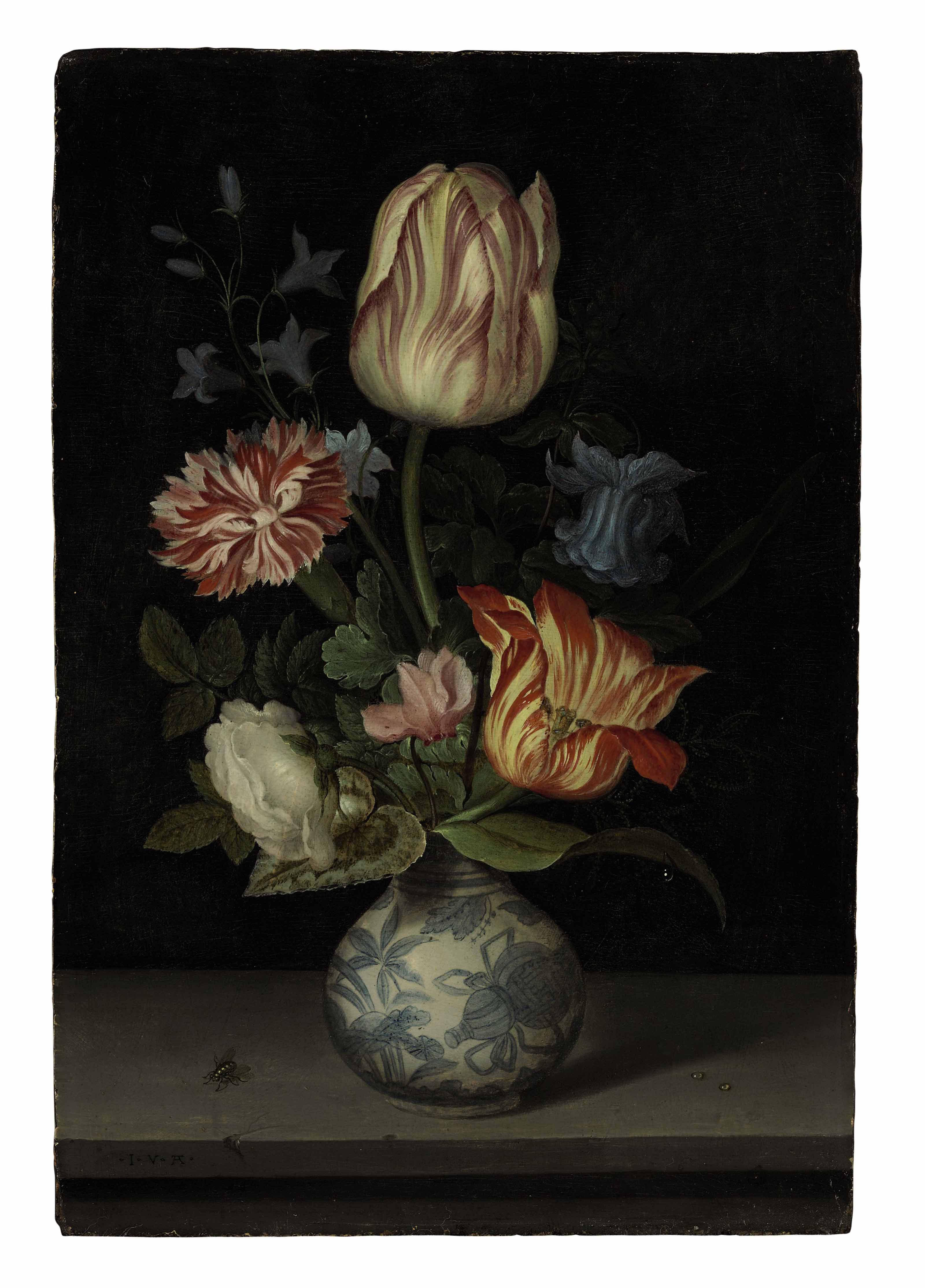 Johannes van der Ast - Tulips, a rose, carnation, columbine, cyclamen, and creeping bellflower in a wan-li vase on a ledge with a fly