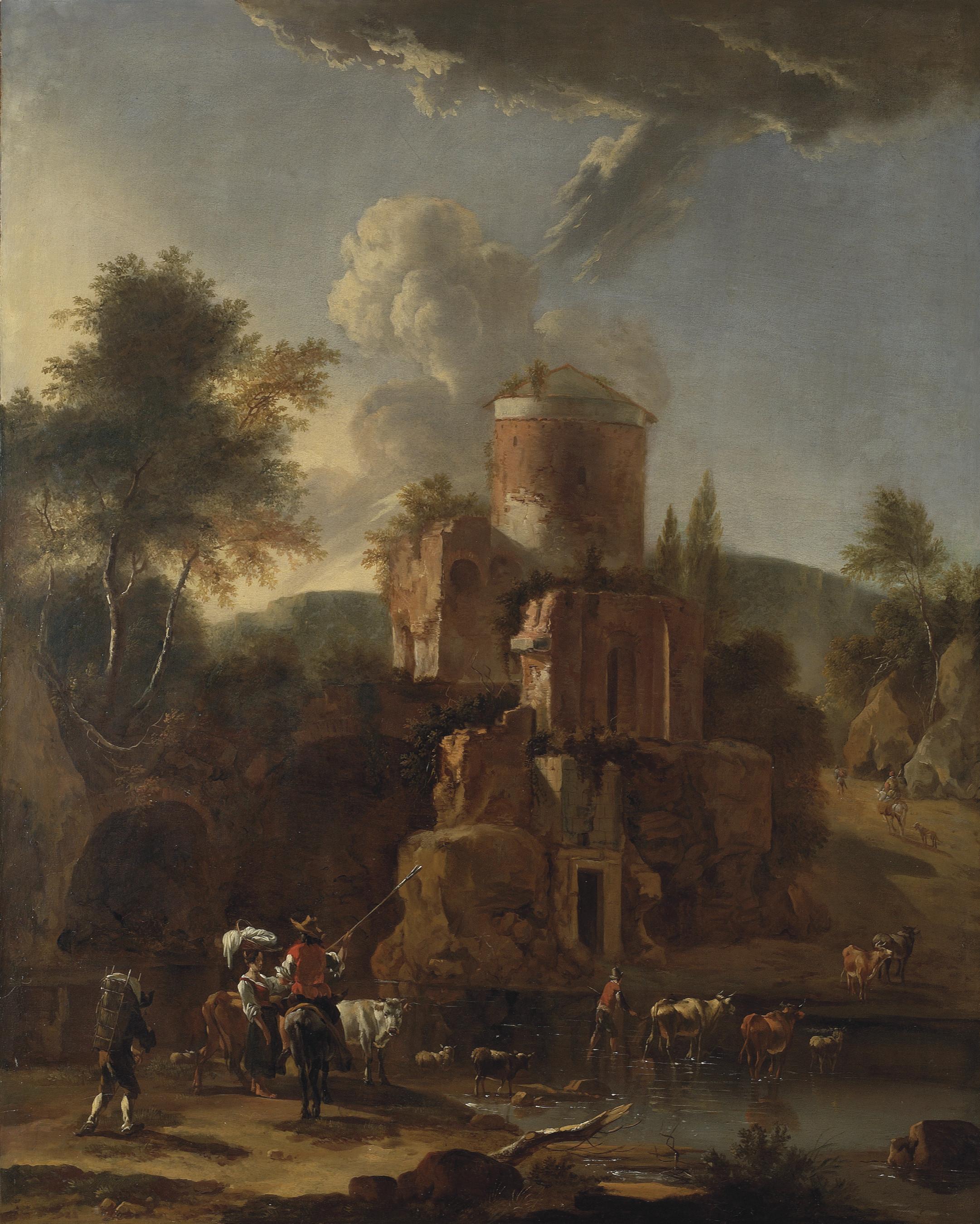 Johannes van der Bent - A mountainous river landscape with cattle drovers making a crossing by a ruined castle