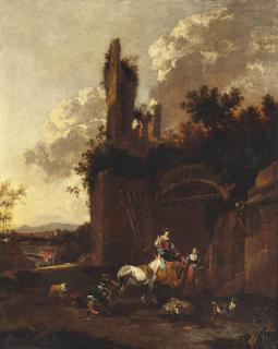 Johannes Van Der Bent - An Italianate Wooded Landscape With A Black Smith Shoeing A Horse And Other Figures Near A Ruined City Gate