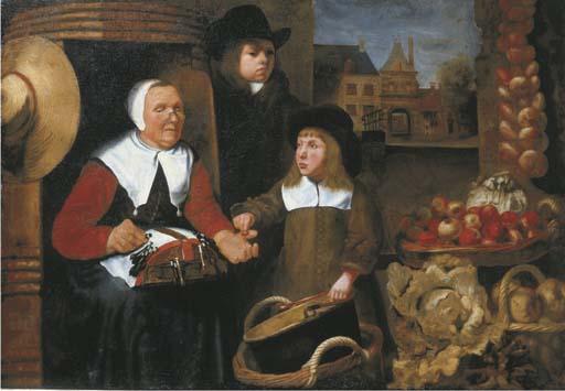 Johannes Vollevens I - A market scene with two boys by a vegetable seller making lace, the St. Jorispoort in Dordrecht beyond