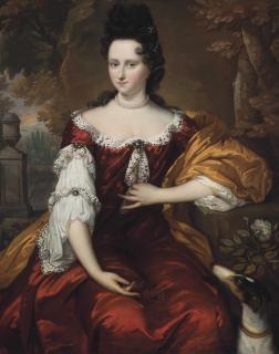 Johannes Vollevens - Portrait of a lady, three-quarter-length, with her hound