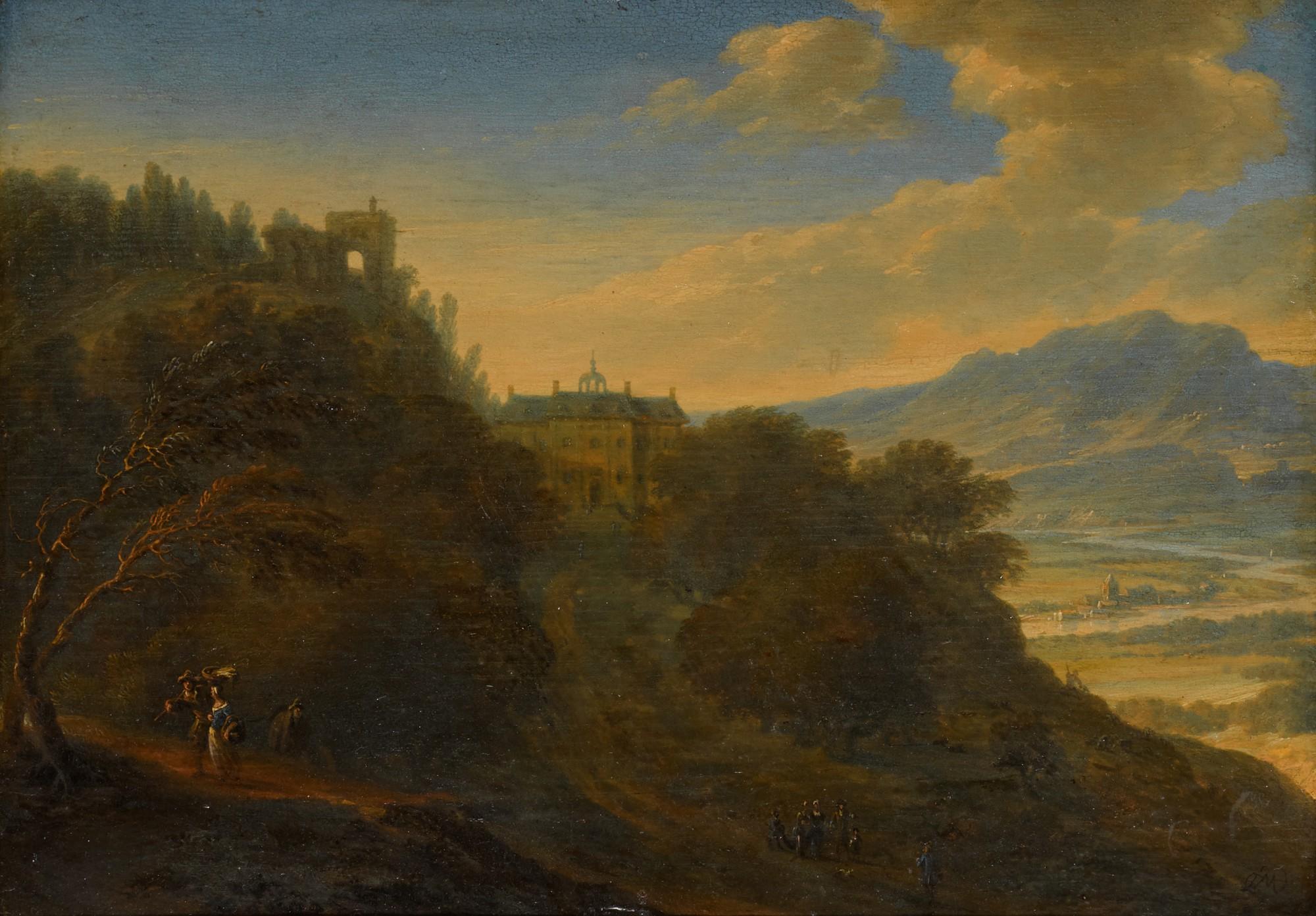 Johannes Vorsterman - A Rhenish Landscape With Figures On A Path, A Mansion Beyond