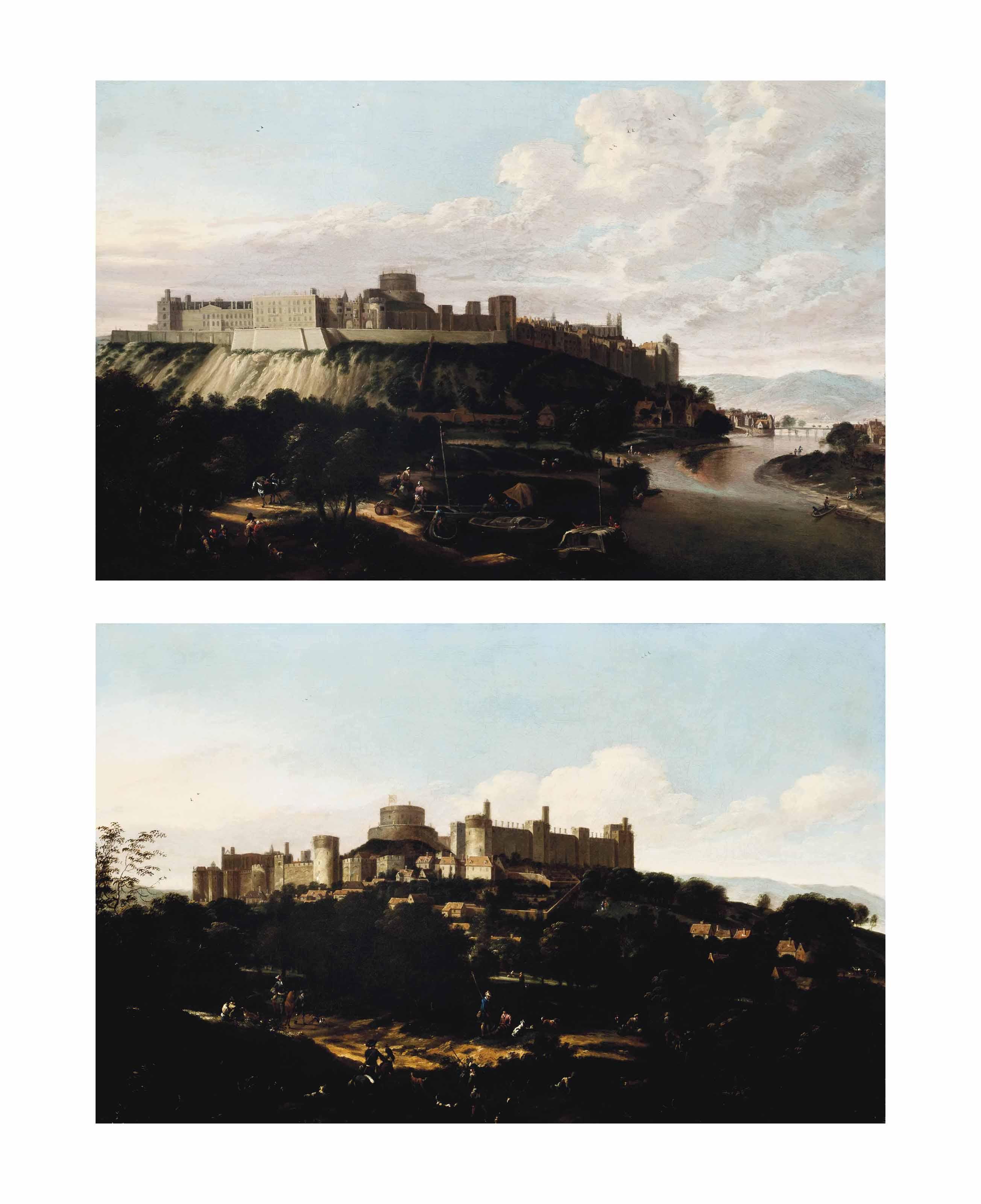 Johannes Vorsterman - View Of Windsor Castle And The Thames From The North-East With Figures Loading Boats In The Foreground; And View Of Windsor Castle From The South-West With Figures On Horseback And A Gentleman With A Hawk In The Foreground