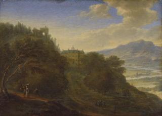Johannes Vorstermans - A Rhenish landscape with figures on a path, a mansion beyond
