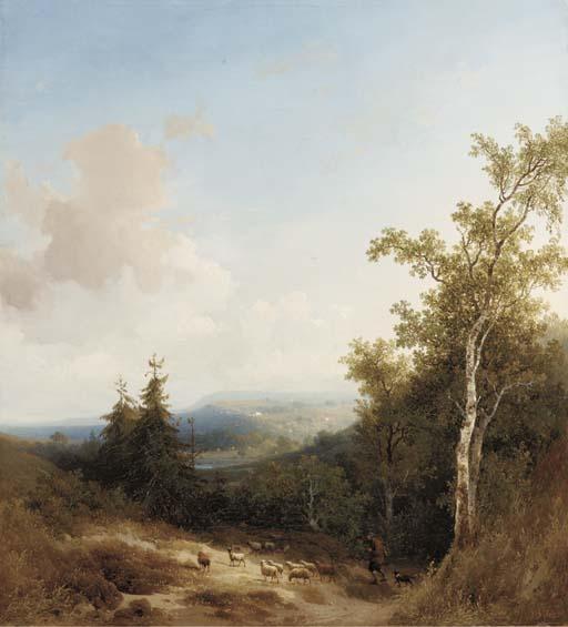 Johannes Wernardus Bilders - A shepherd on a mountain path, a valley beyond