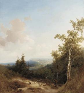 Johannes Wernardus Bilders - A shepherd on a mountain path, a valley beyond