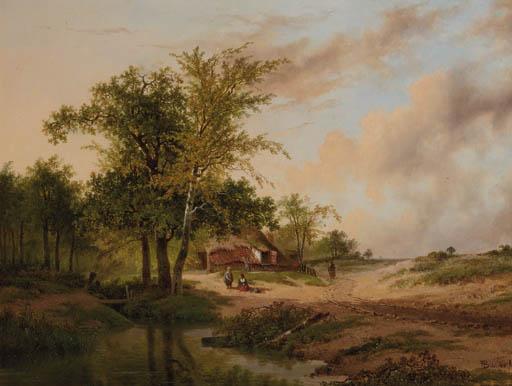 Johannes Wernardus Bilders - A wooded landscape with peasants at work near a cottage