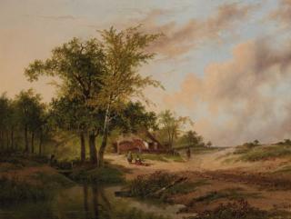 Johannes Wernardus Bilders - A wooded landscape with peasants at work near a cottage