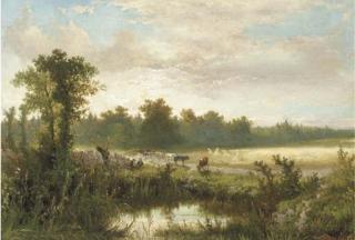 Johannes Wernardus Bilders - Wolfheze: cowherds and cattle near a fen at dusk