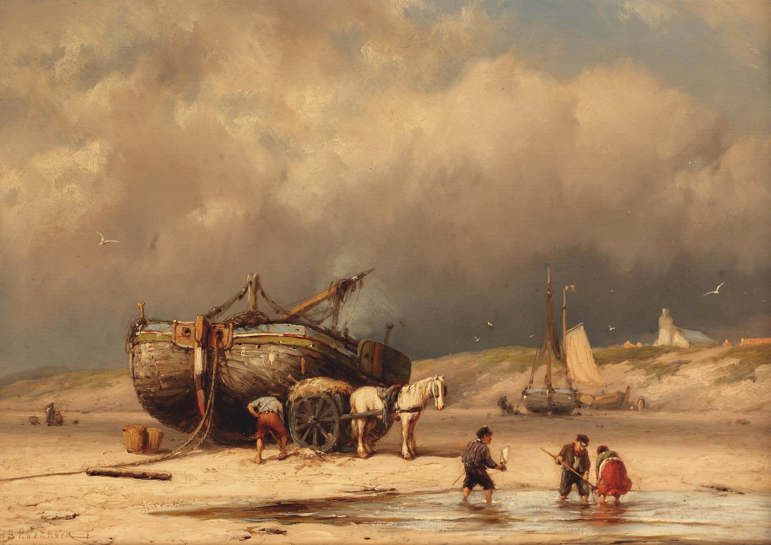 Johannnes Hermanus Barend Koekkoek - A \'bomschuit\' on the beach