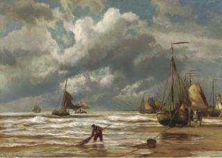 Johannnes Hermanus Barend Koekkoek - Bomschuiten on the beach of Katwijk