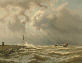 Johannnes Hermanus Barend Koekkoek - Sailing ships and a paddle steamer by a coast