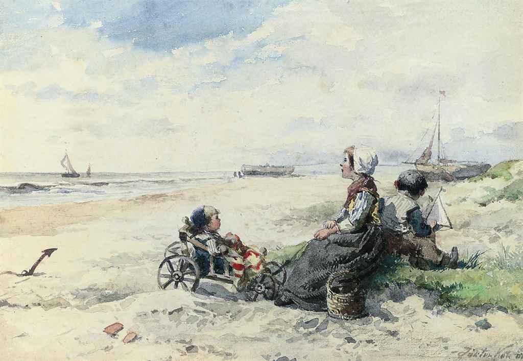 Johannus Marius ten Kate - A mother with her children on the Dutch coast