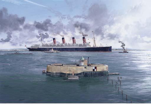 John A. Stewart - R.M.S. Aquitania Under Tug Escort Off St. Helen\'S Fort In The Solent