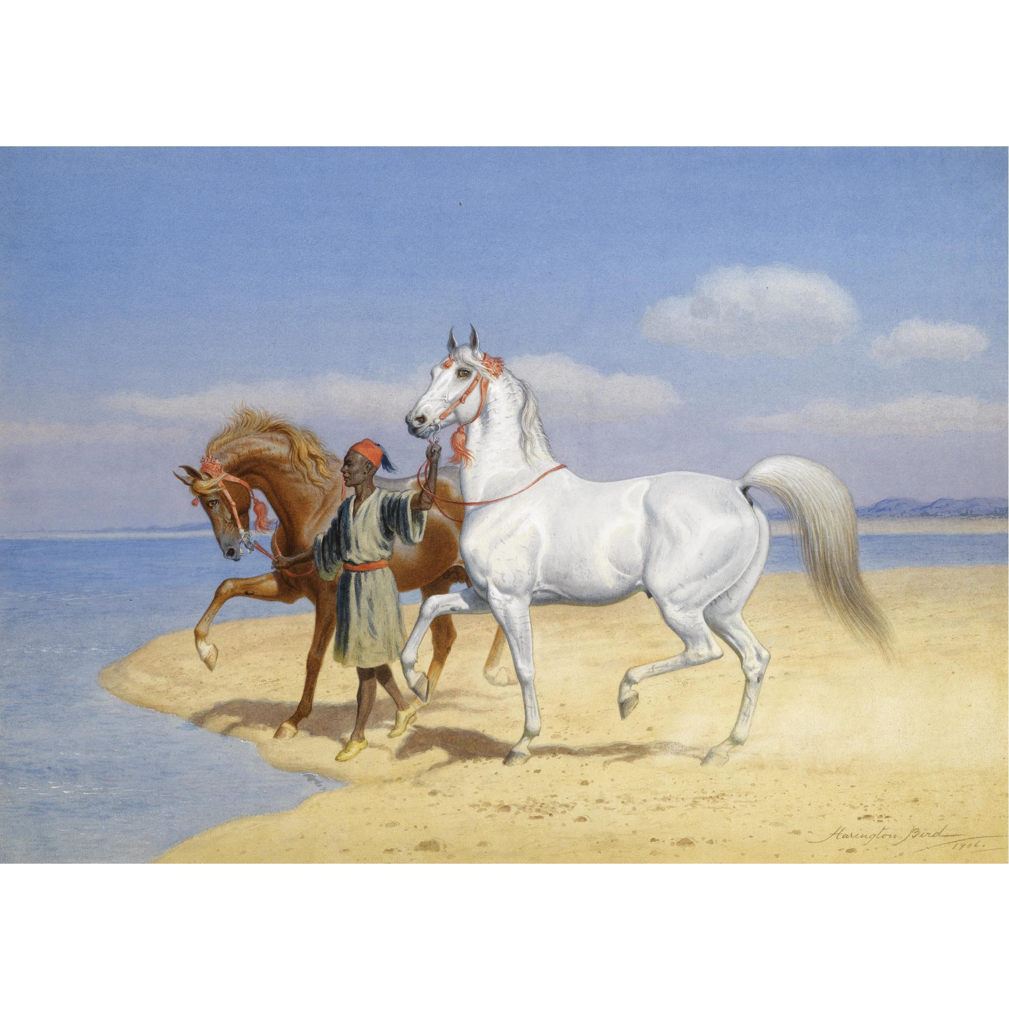 John Alexander Harington Bird - British Chestnut And Grey Arab Stallions With A Groom On The Beach