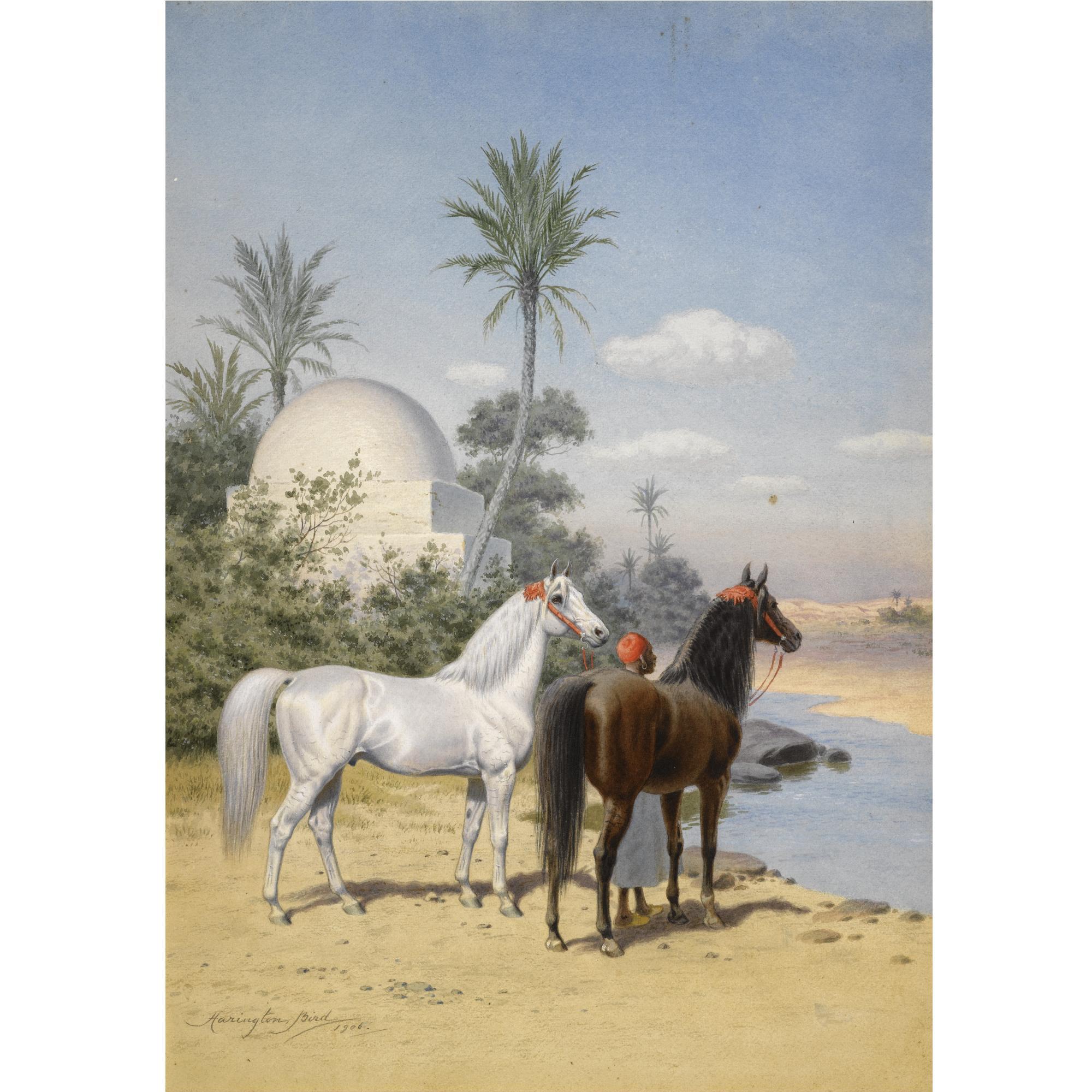 John Alexander Harington Bird - British Grey And Bay Arab Stallions With A Groom