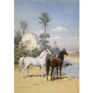 John Alexander Harington Bird - British Grey And Bay Arab Stallions With A Groom