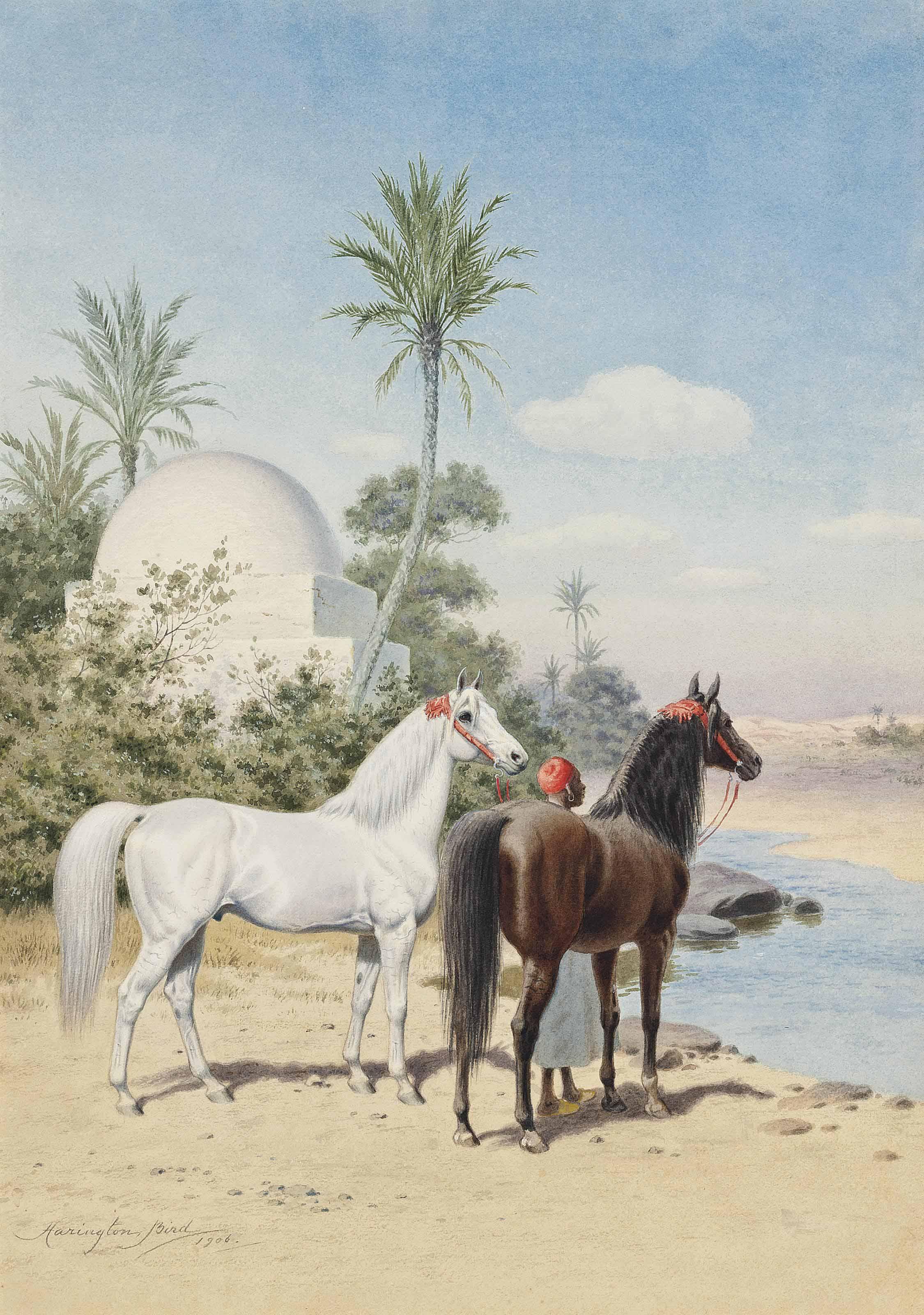John Alexander Harington Bird - Grey and bay Arabian stallions with a groom