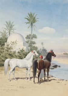 John Alexander Harington Bird - Grey and bay Arabian stallions with a groom