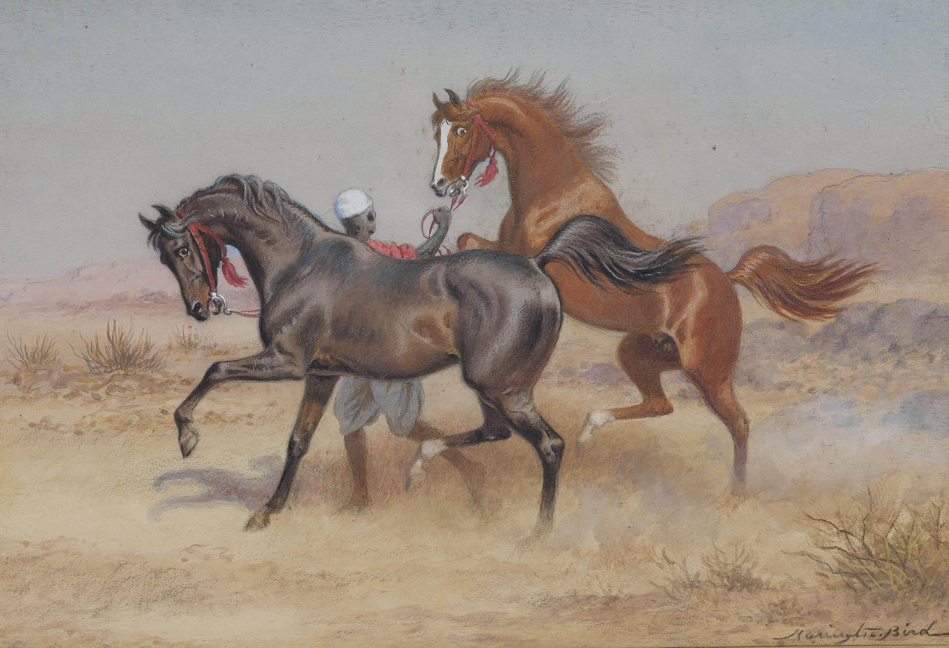 John Alexander Harrington Bird - An Arab stallion and a mare with their handler in the desert