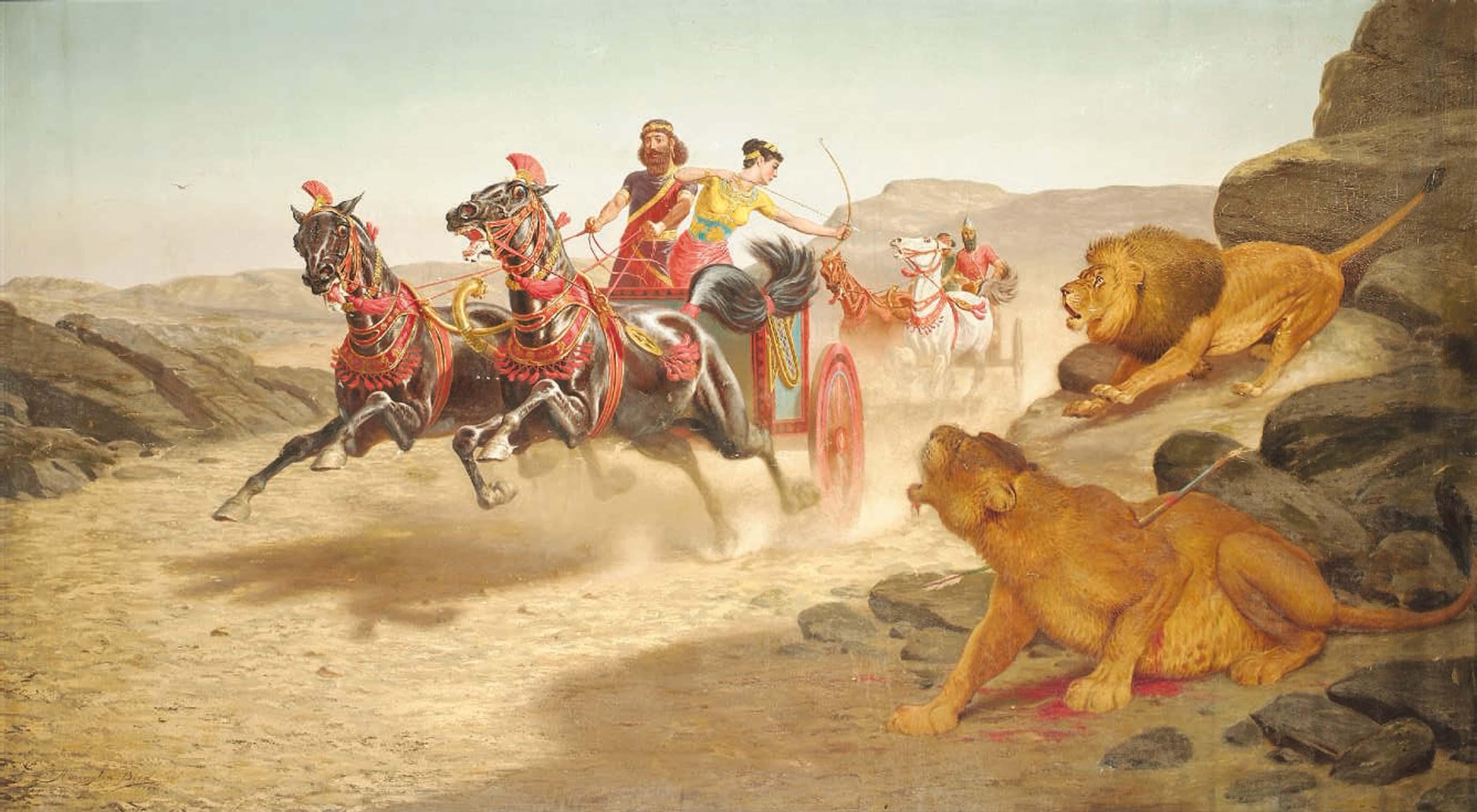 John Alexander Harrington Bird - Ashurbanipal And Assur-Sharratt At A Lion Hunt