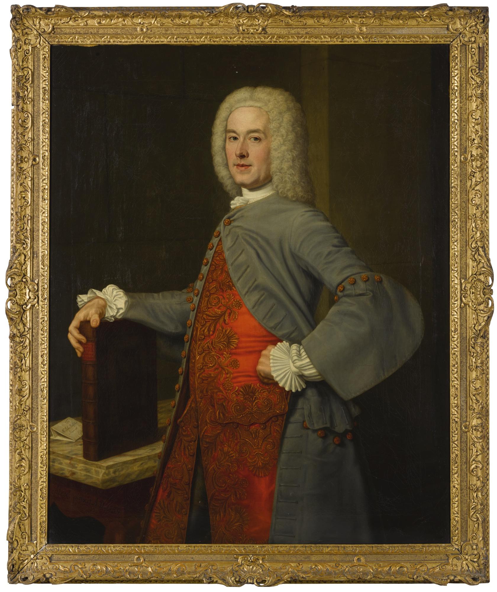 John Alexander - Portrait Of John Belsches Of Invermay, Three-Quarter-Length, Standing In An Interior, Wearing A Grey Coat Over A Richly Embroidered Red Waistcoat, Resting His Right Hand On A Book